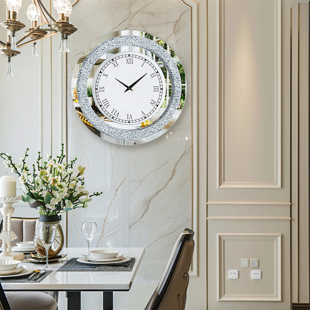 Round Mirror Wall Clock Crystal Sparkle Bling for Wall Decoration