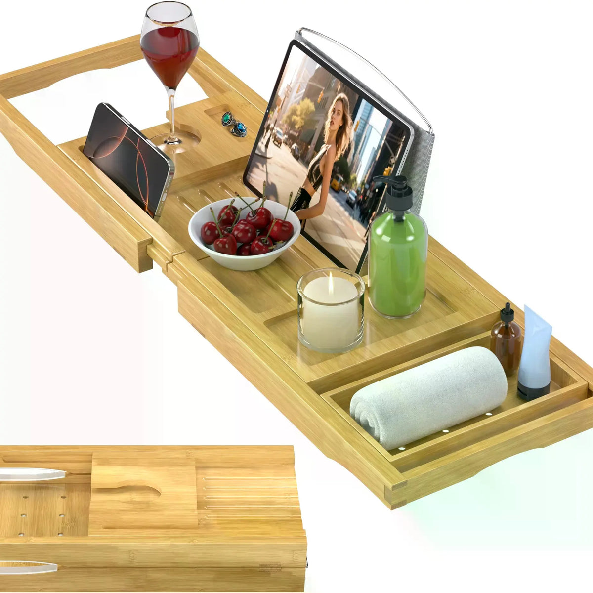 Collapsible Bamboo Bathtub Caddy Tray With Silicone Pad
