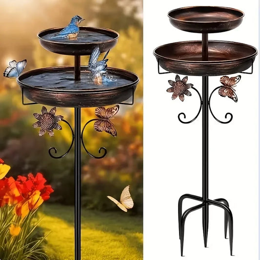 Vintage Metal Dual Layer Bird Bath And Hummingbird Feeder Set