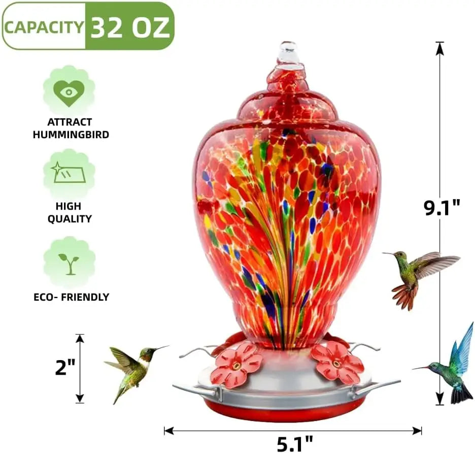Hand Blown Glass Hummingbird Feeder With Ant Moat And Cleaning Brush