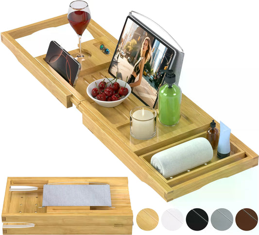 Collapsible Bamboo Bathtub Caddy Tray With Silicone Pad