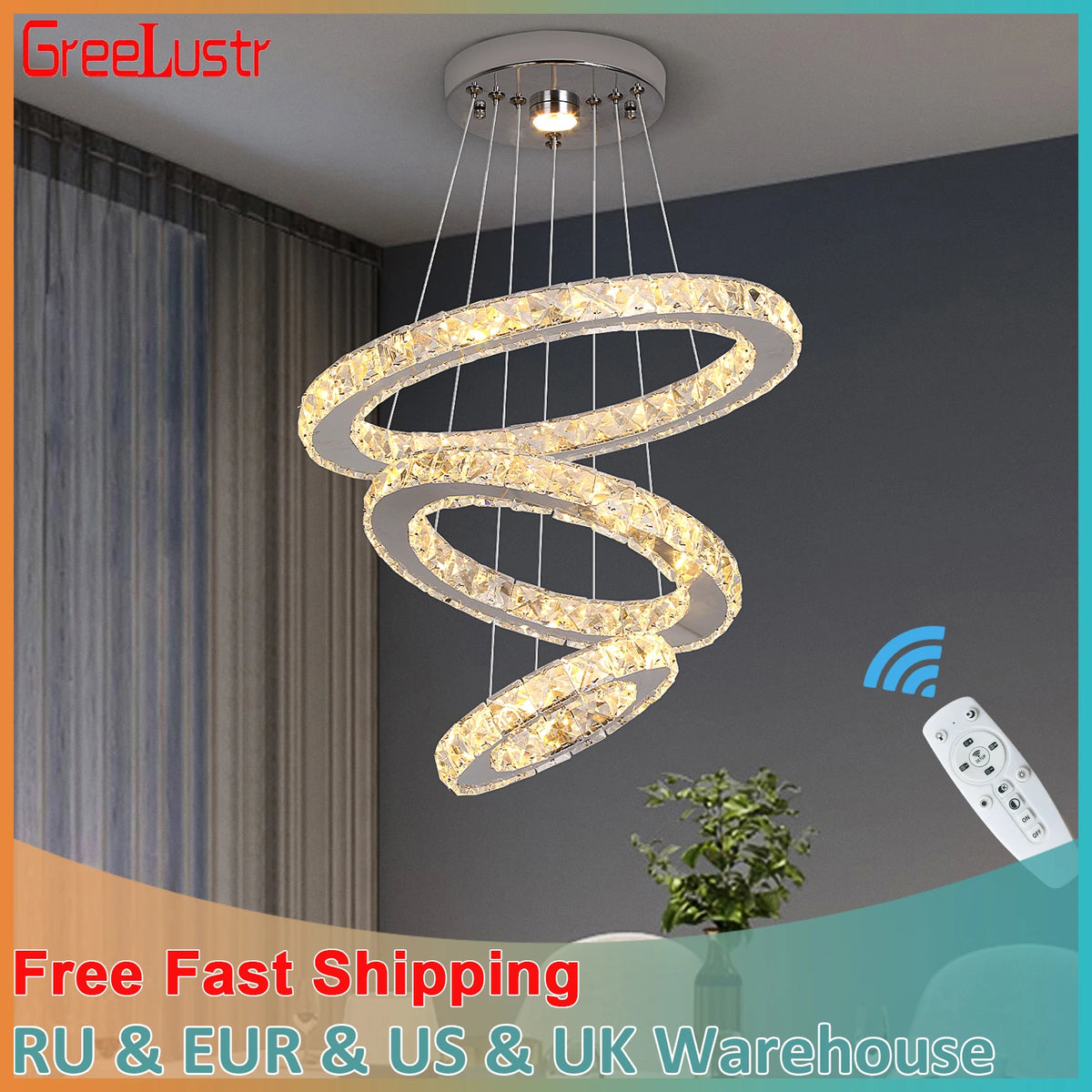 GreeLustr Modern Crystal Pendant Chandelier Ring Lights for Living Room