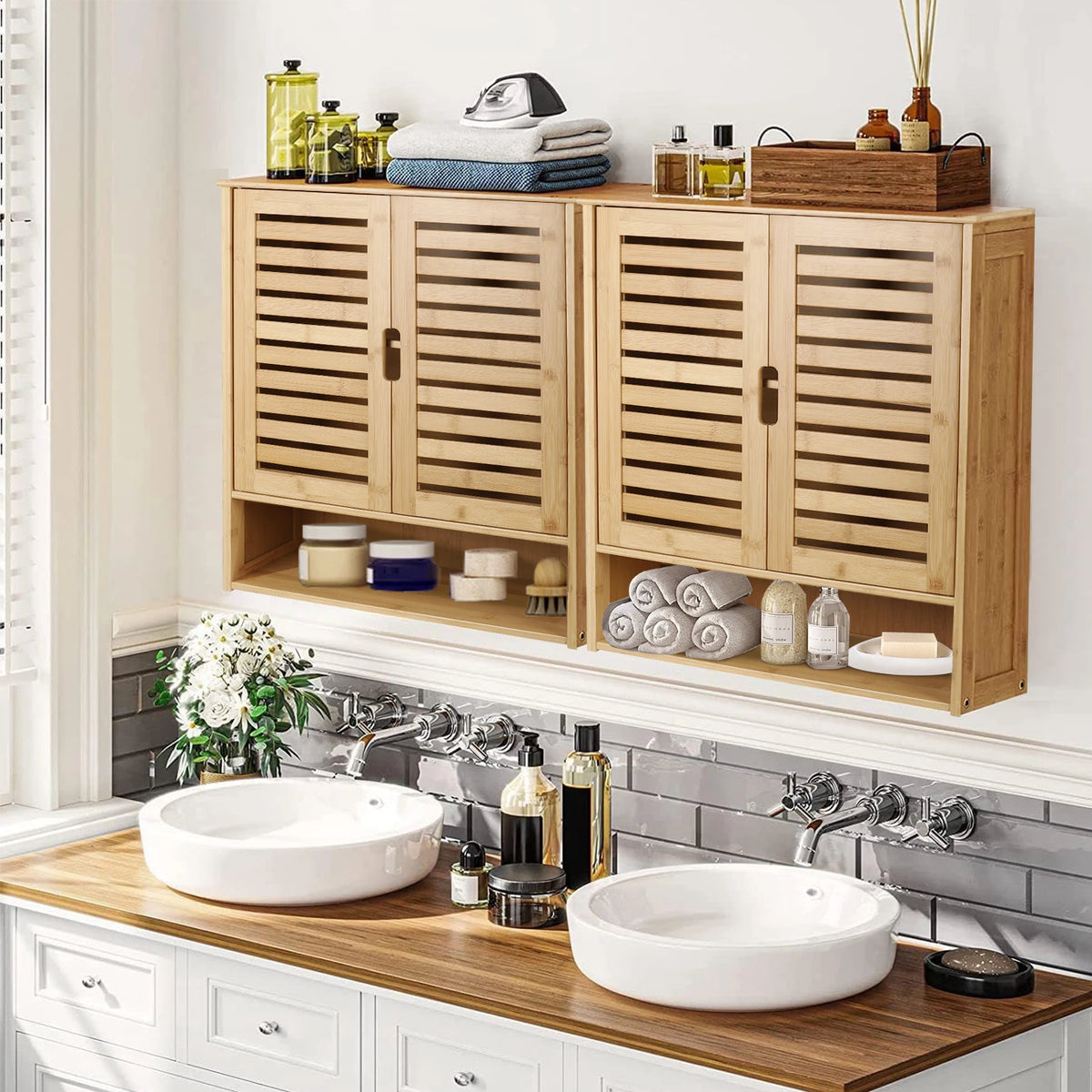 Wisfor Wall Mounted Bamboo Bathroom Cabinet Medicine Cupboard Organizer