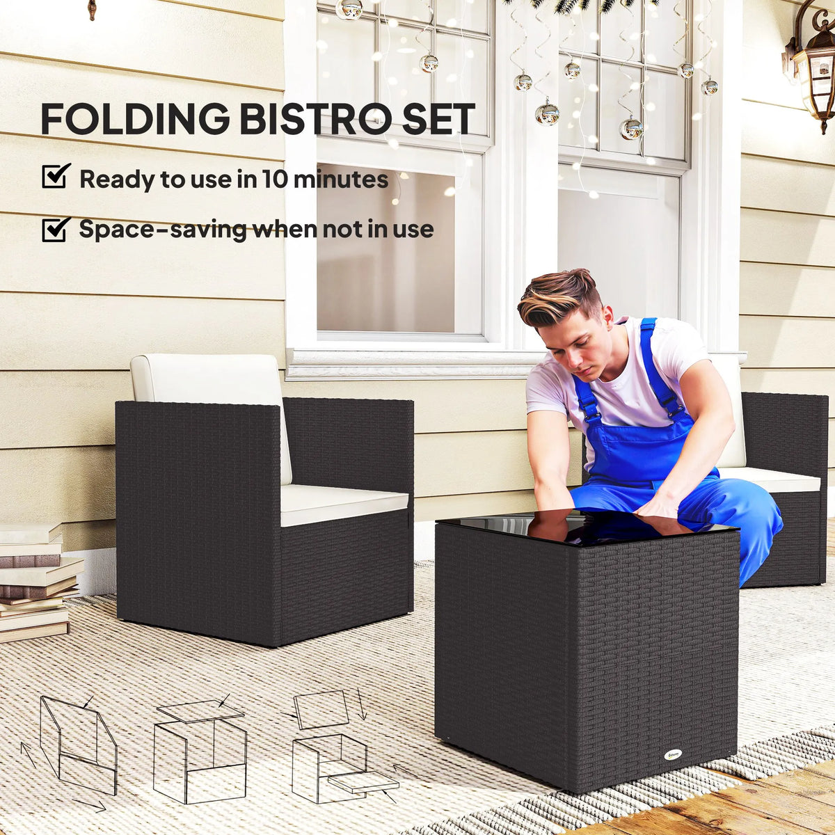 Outsunny Folding Wicker Patio Furniture Set For Outdoor Gardens