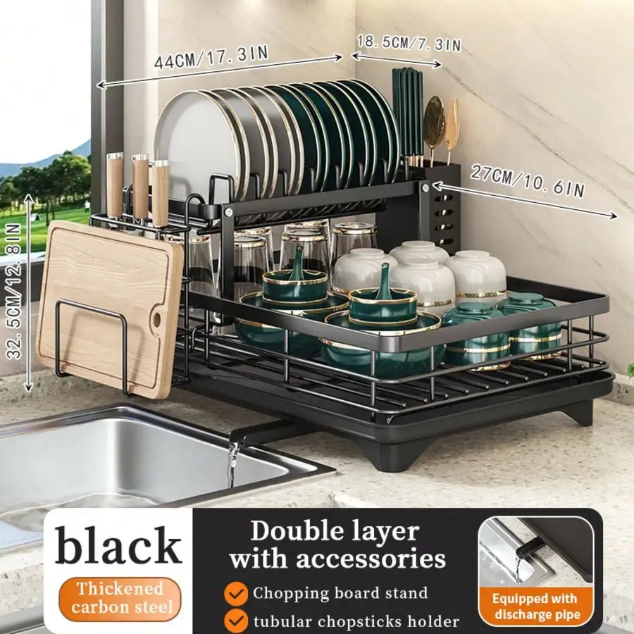 Double Layer Carbon Steel Kitchen Cutlery Rack With Drainer