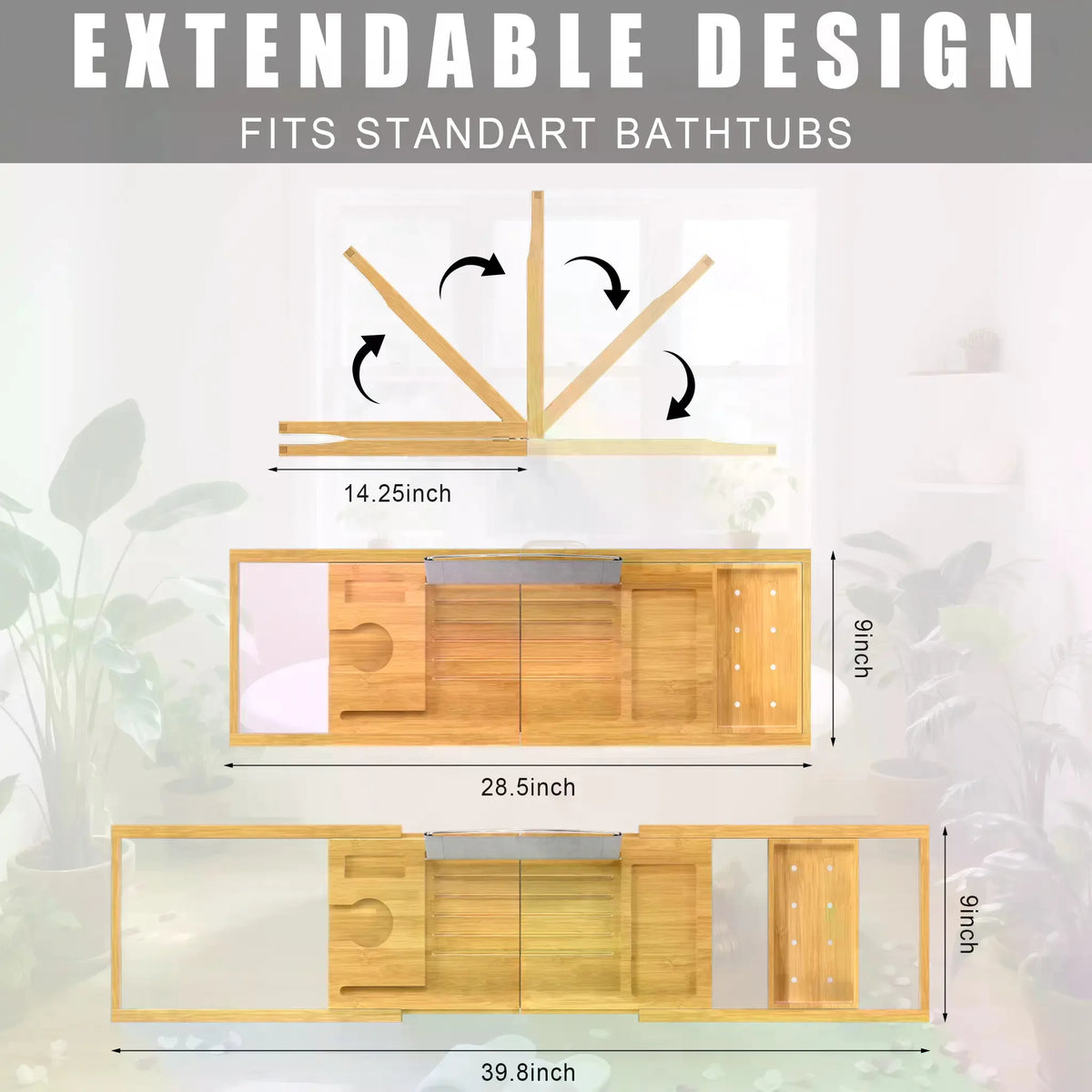 Collapsible Bamboo Bathtub Caddy Tray With Silicone Pad