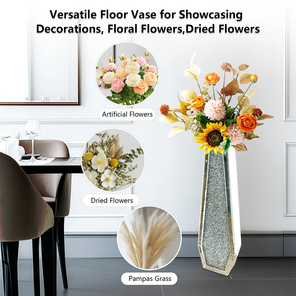 Mirrored Floor Flower Vase With Crushed Diamond Glass Finish