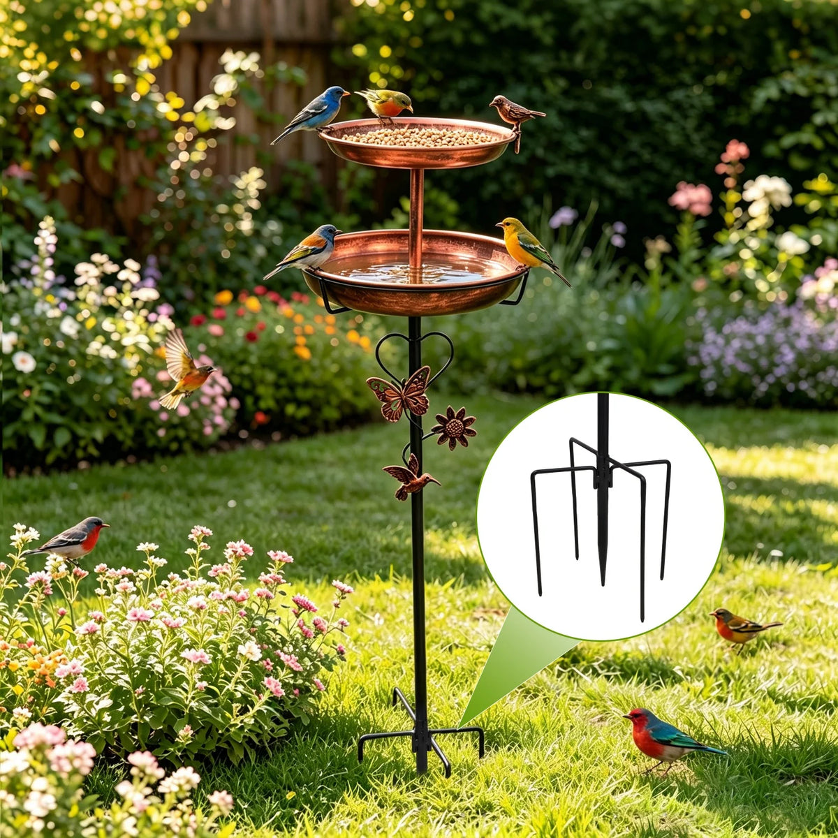 Double Layer Metal Bird Bath Stand With Five Pronged Base