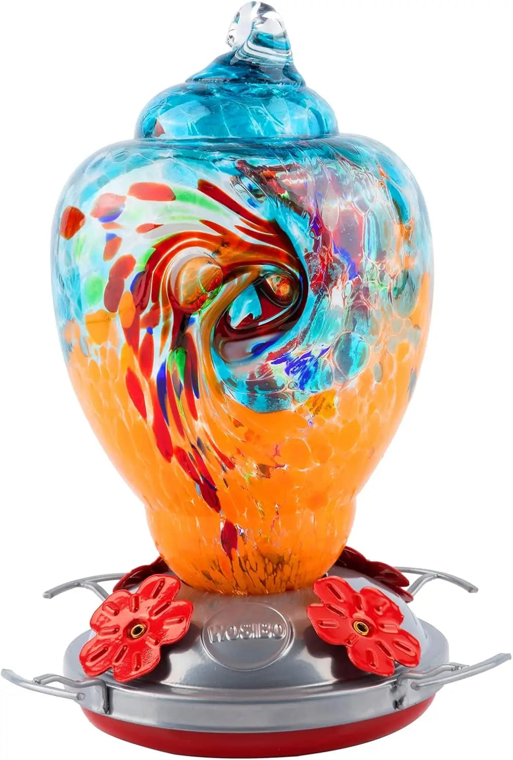 Hand Blown Glass Hummingbird Feeder With Ant Moat And Cleaning Brush