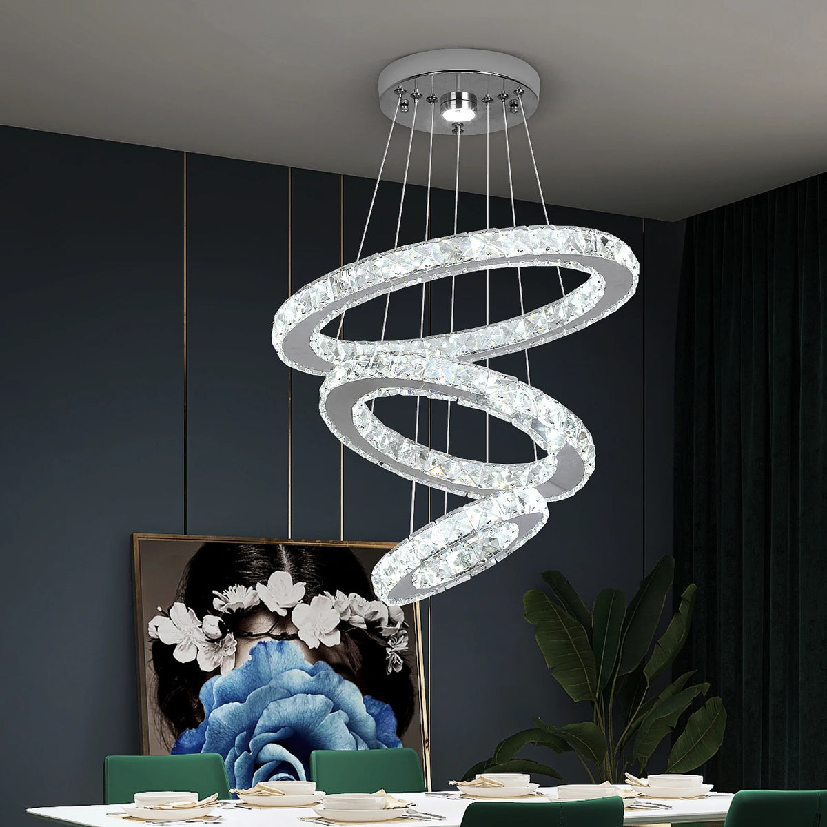 GreeLustr Modern Crystal Pendant Chandelier Ring Lights for Living Room