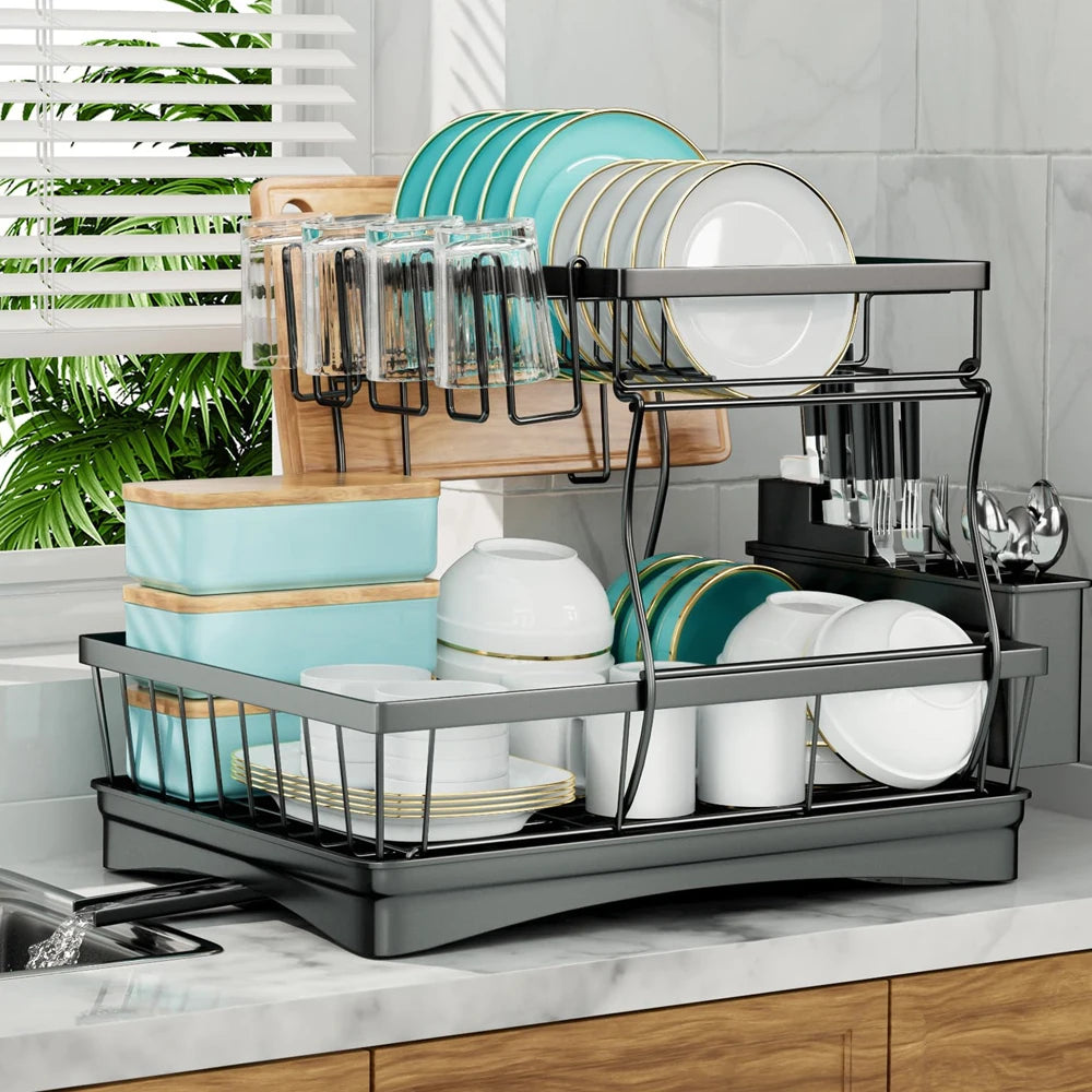 Two Tier Dish Drying Rack For Kitchen Countertops Removable