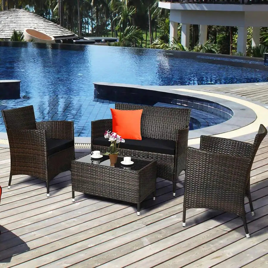 Rattan Patio Furniture Set With Cushioned Sofa And Coffee Table
