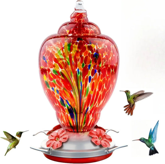 Hand Blown Glass Hummingbird Feeder With Ant Moat And Cleaning Brush