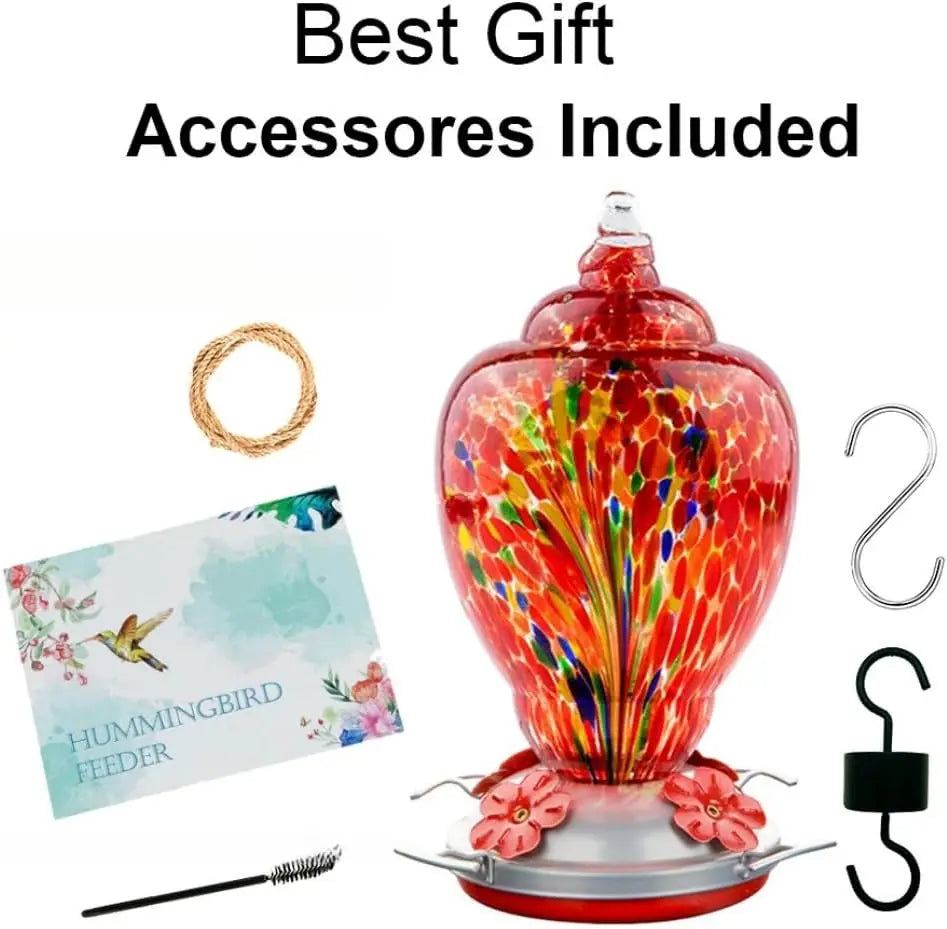 Hand Blown Glass Hummingbird Feeder With Ant Moat And Cleaning Brush