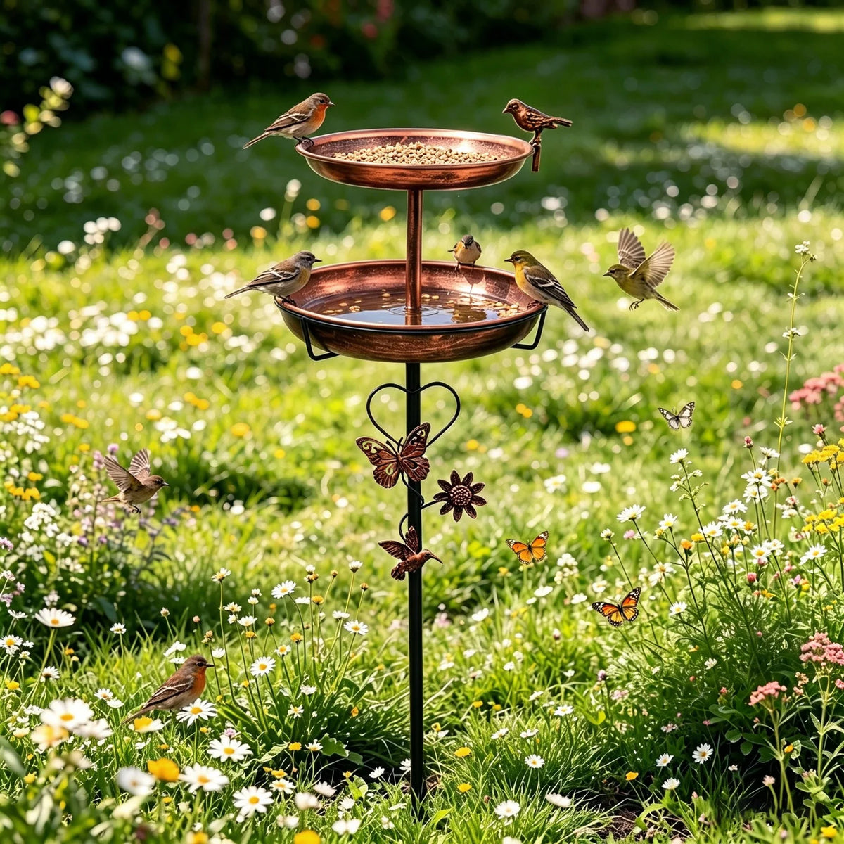 Double Layer Metal Bird Bath Stand With Five Pronged Base