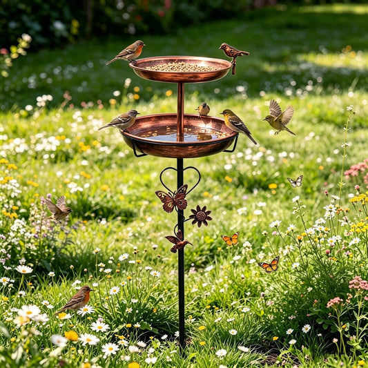 Double Layer Metal Bird Bath Stand With Five Pronged Base