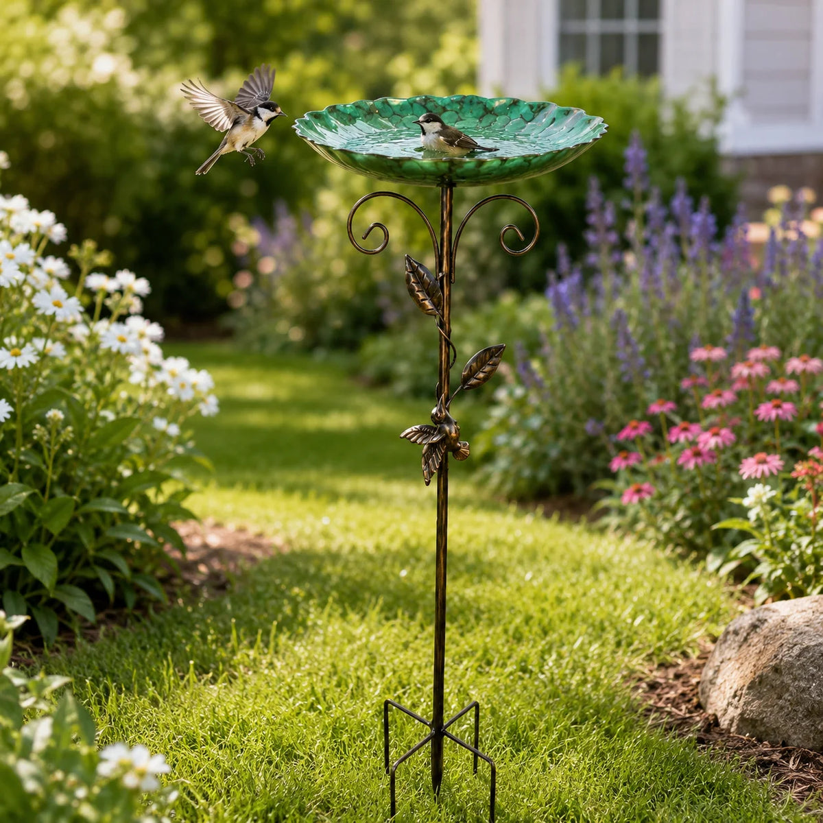 Retro Mosaic Bird Bath With Gold Leaf Garden Decor