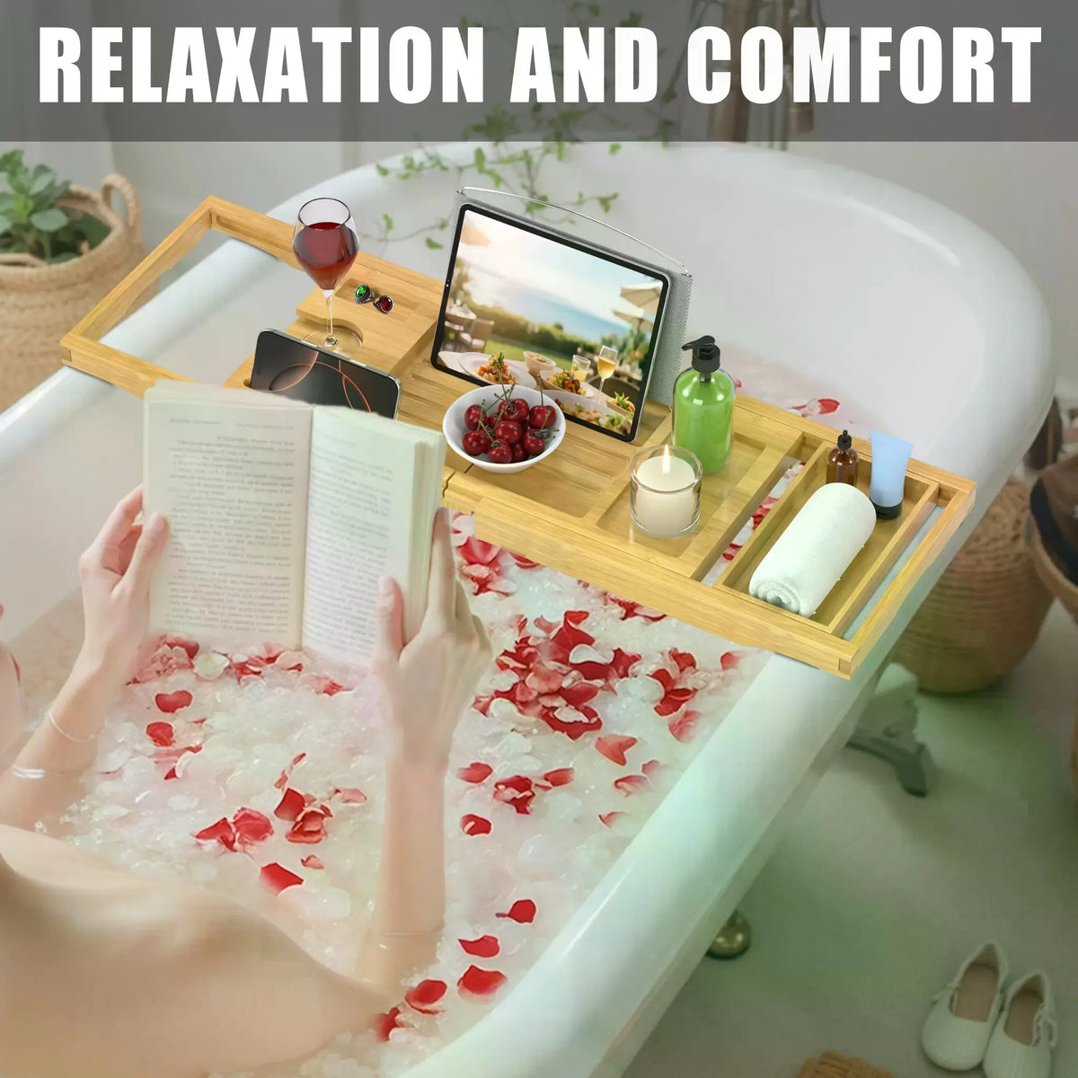 Collapsible Bamboo Bathtub Caddy Tray With Silicone Pad