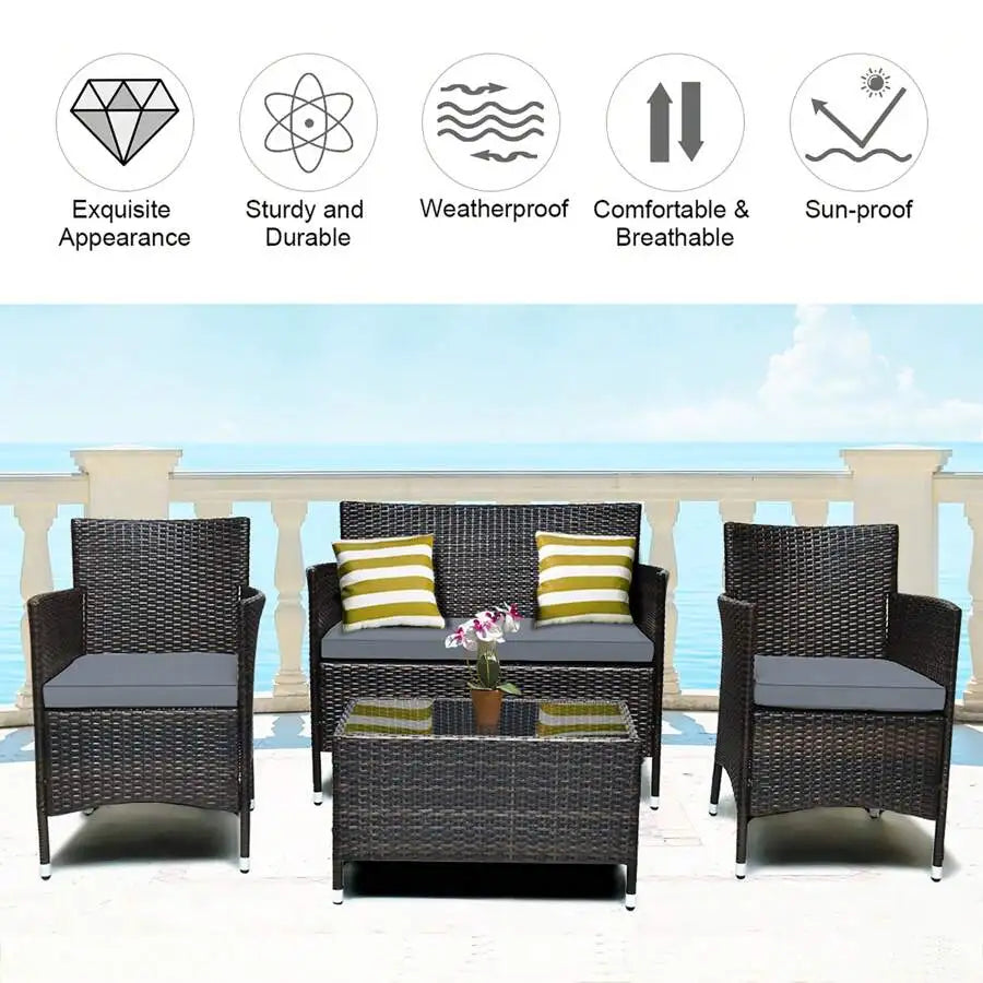 Rattan Patio Furniture Set With Cushioned Sofa And Coffee Table