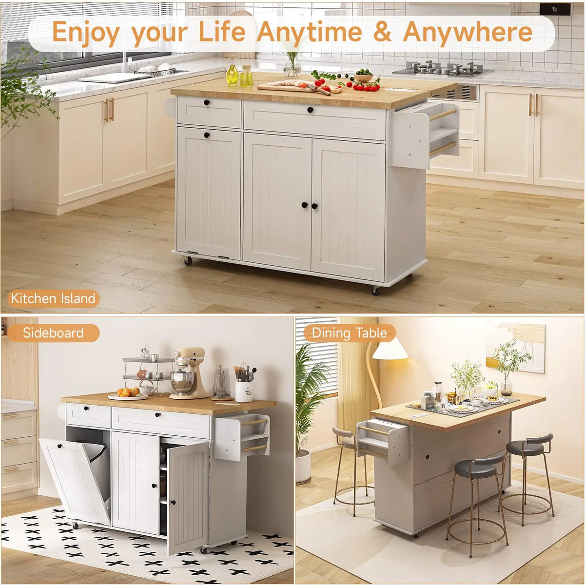 ONBRILL Mobile Kitchen Island With Power Outlet Spice Rack