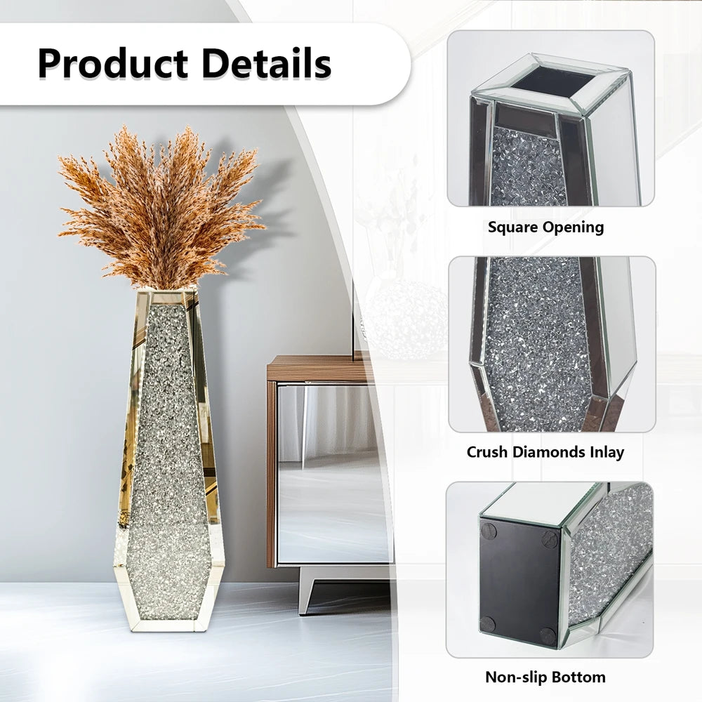 Mirrored Floor Flower Vase With Crushed Diamond Glass Finish