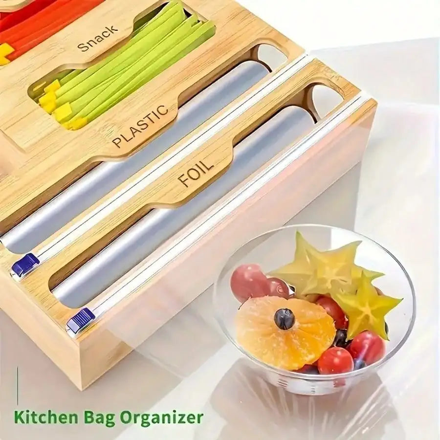 Bamboo Ziplock Bag Organizer With Cutter Kitchen Storage Holder