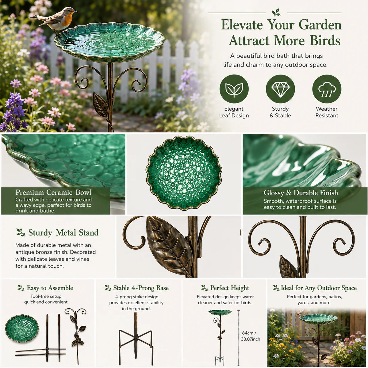 Retro Mosaic Bird Bath With Gold Leaf Garden Decor