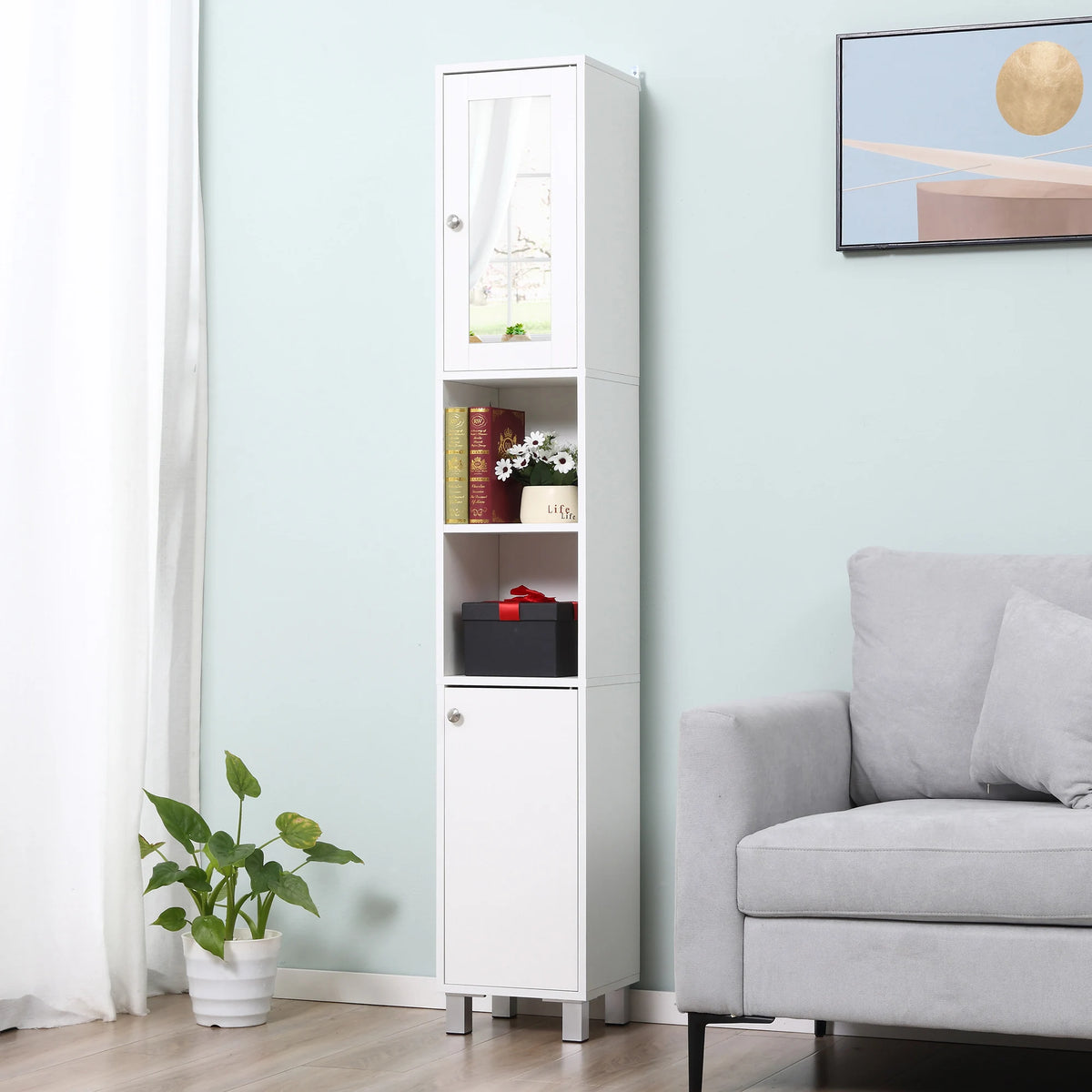 Kleankin Tall Bathroom Storage Cabinet With Mirror And Adjustable Shelves