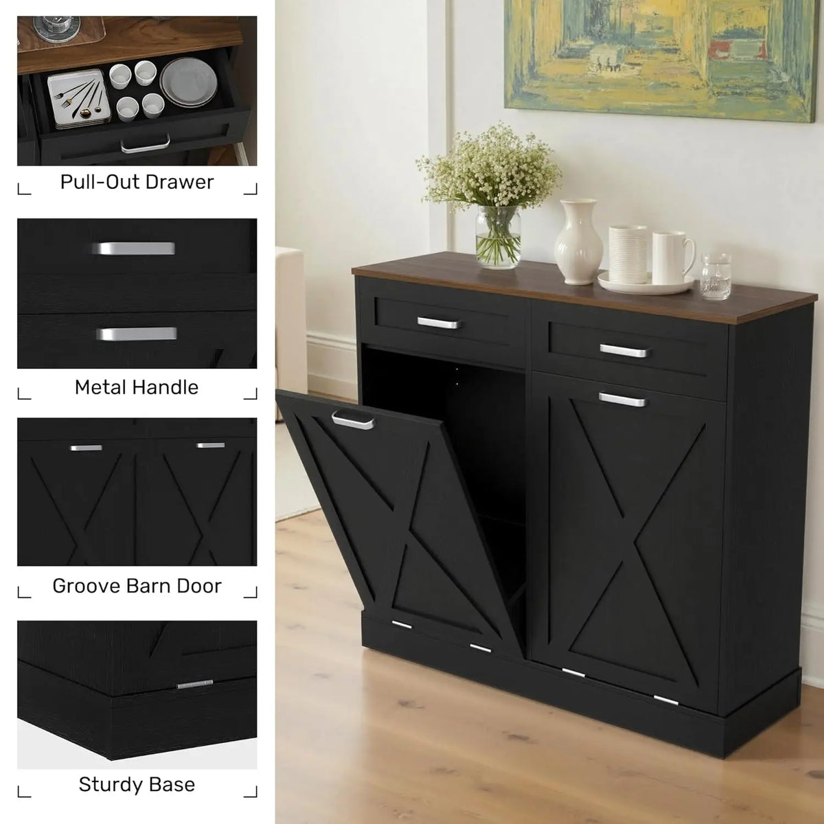 Wooden Fluted Double Tilt Out Trash Can Cabinet With Drawers