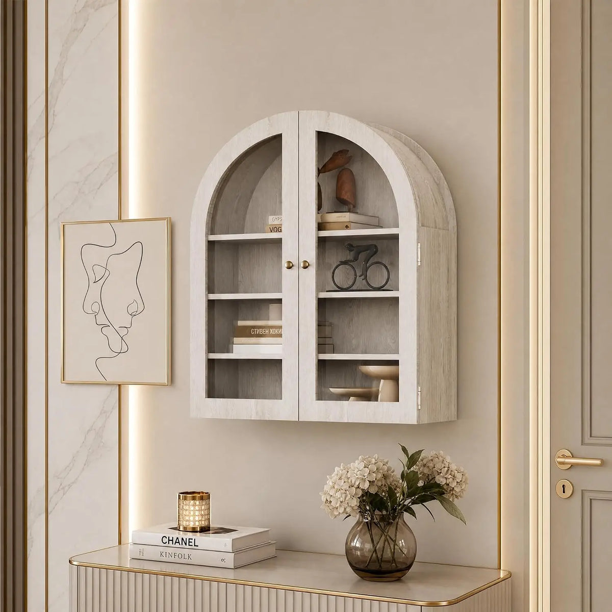 Wood Frame Arched Wall Cabinet With Adjustable Shelves For Bathroom