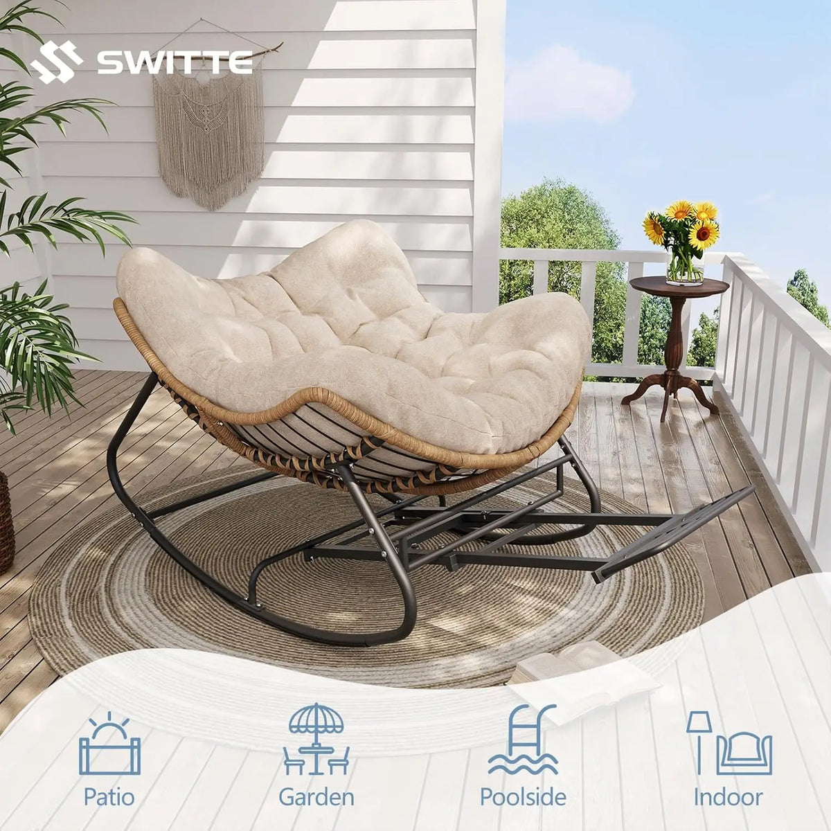 Rattan Rocking Chair With Footrest For Outdoor Patio Garden