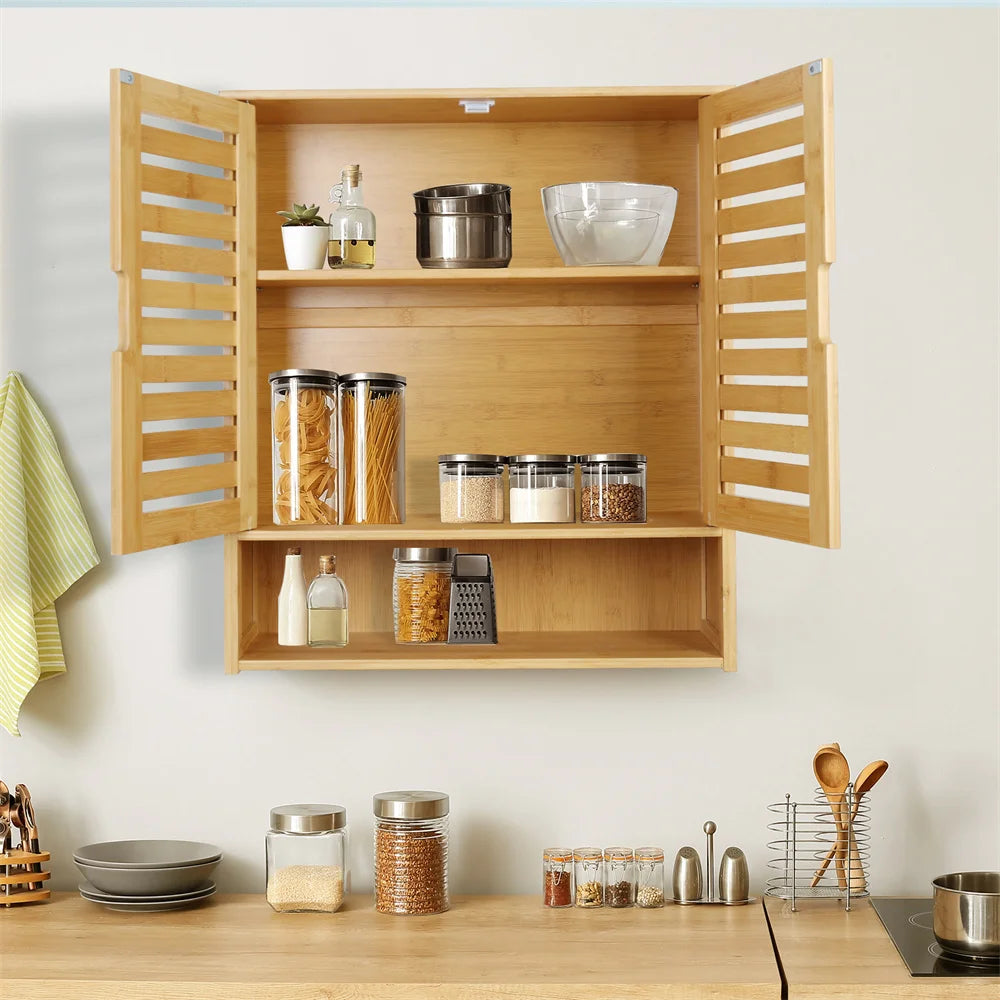Natural Bamboo Wall Mounted Cabinet for Bathroom and Kitchen Storage