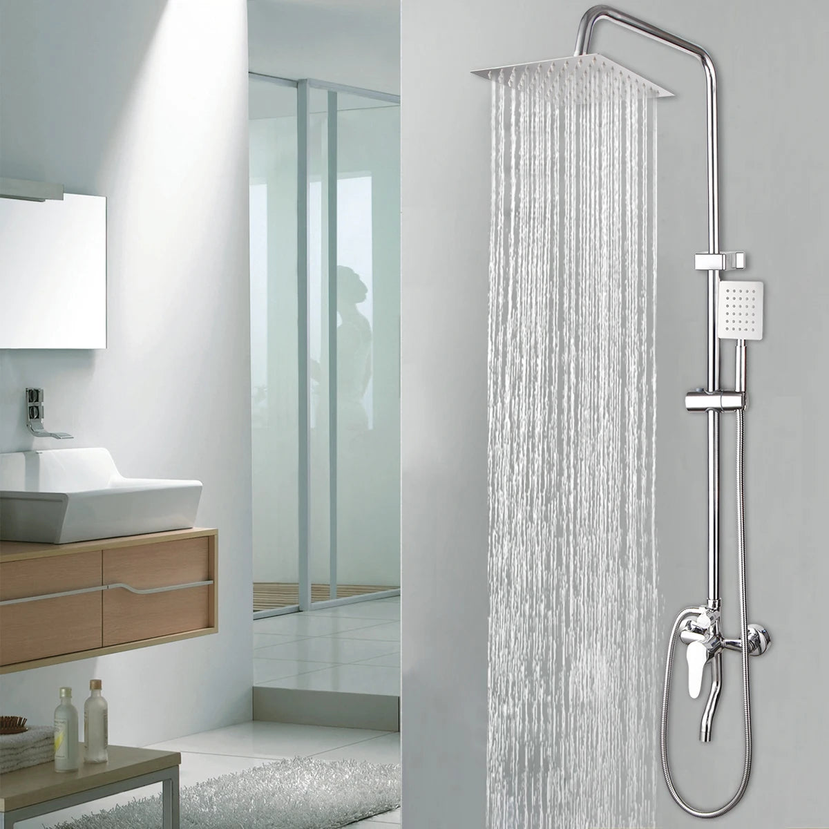 Jieni Square Rainfall Shower Faucet Set With Storage Shelf