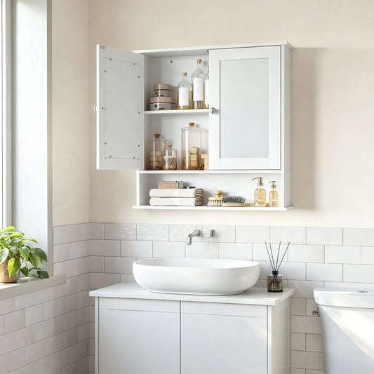 Wood Wall Mount Medicine Cabinet Mirrored Doors Adjustable Storage