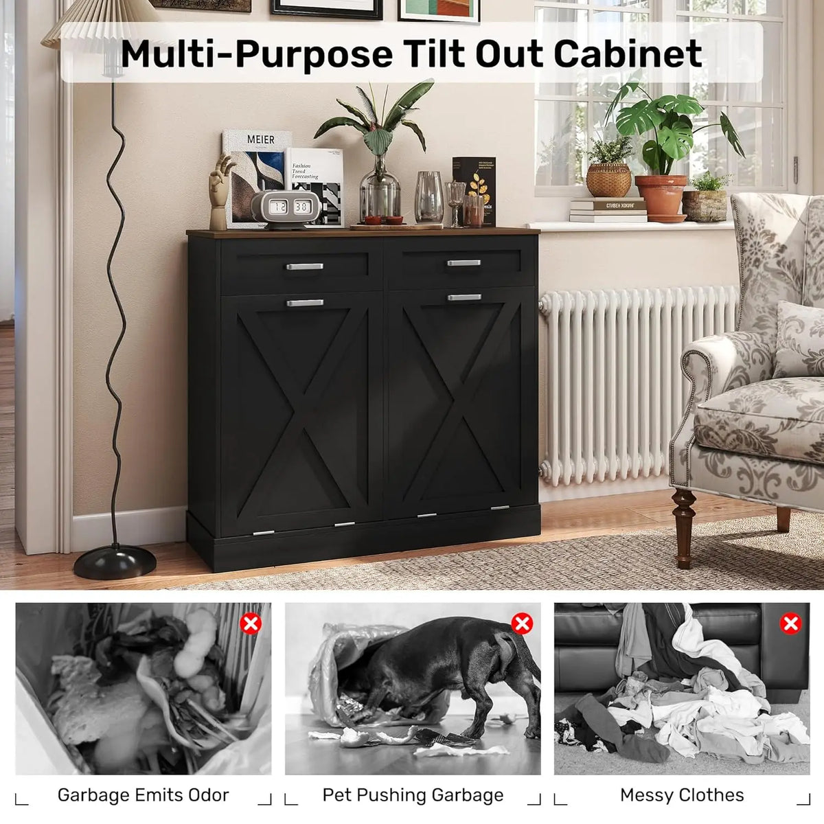 Wooden Fluted Double Tilt Out Trash Can Cabinet With Drawers