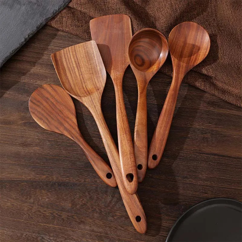 Kitchen Teak Wood Utensil Set Five Piece Spoons Server Scraper Spatula