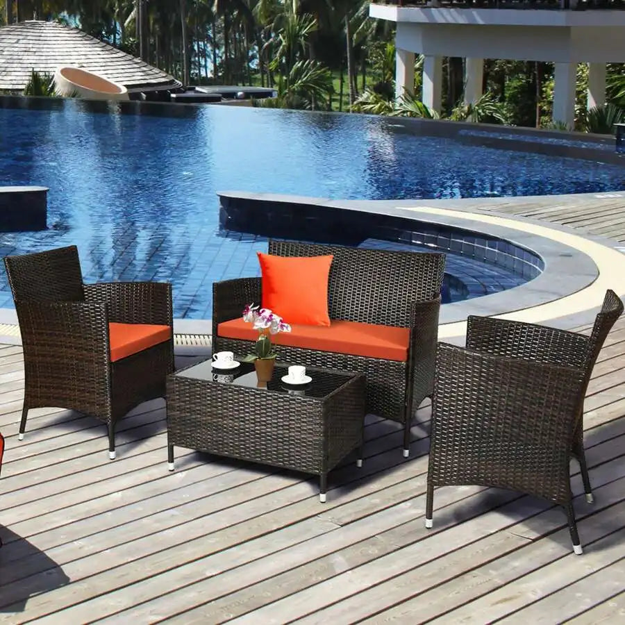 Rattan Patio Furniture Set With Cushioned Sofa And Coffee Table