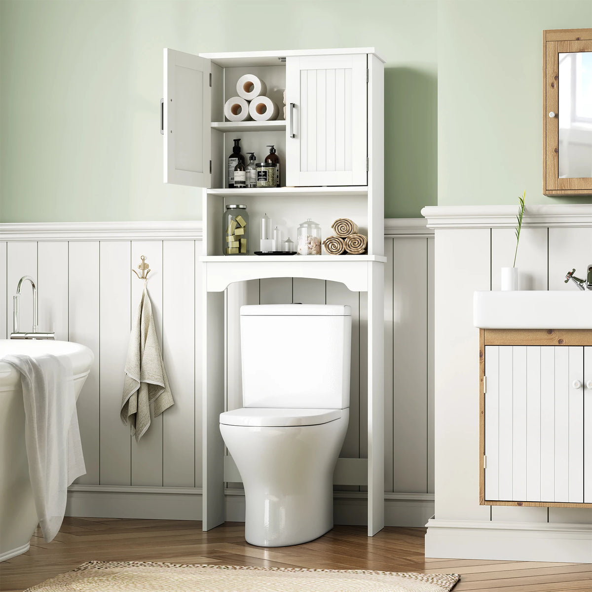 HiMISS Over Toilet Storage Cabinet With Double Doors And Open Shelf