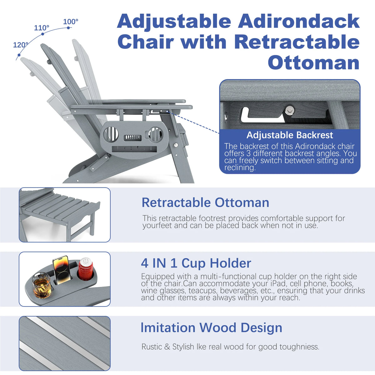 FOOWIN Adjustable HDPE Adirondack Chair With Retractable Ottoman
