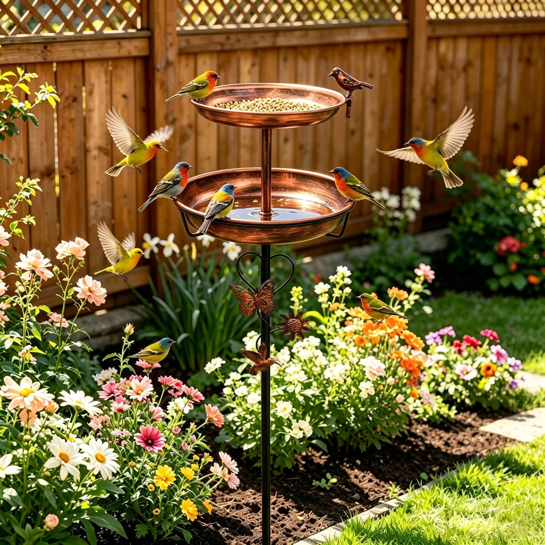 Freestanding Double Layer Bird Feeder And Birdbath Garden Stand