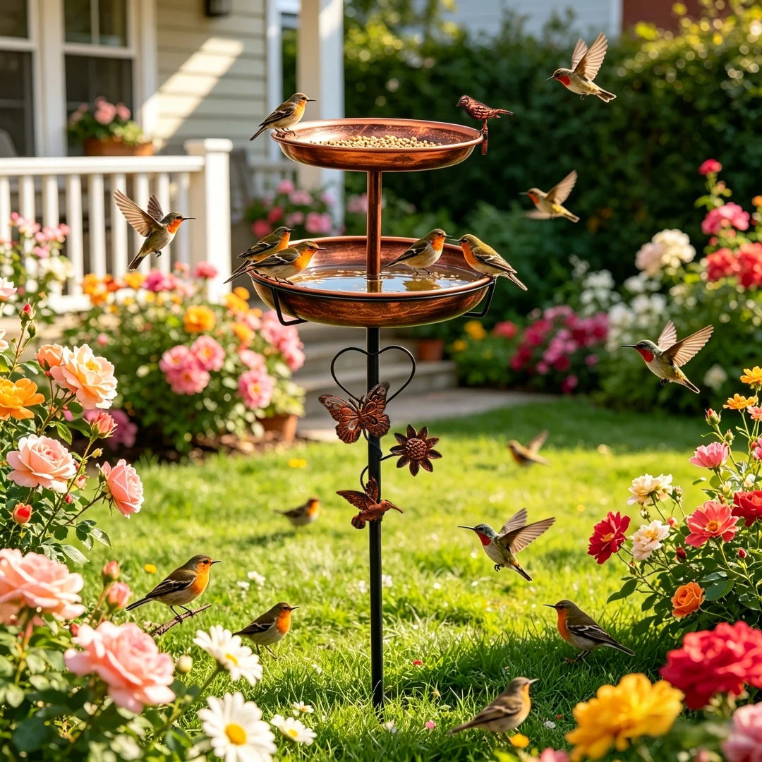 Freestanding Double Layer Bird Feeder And Birdbath Garden Stand