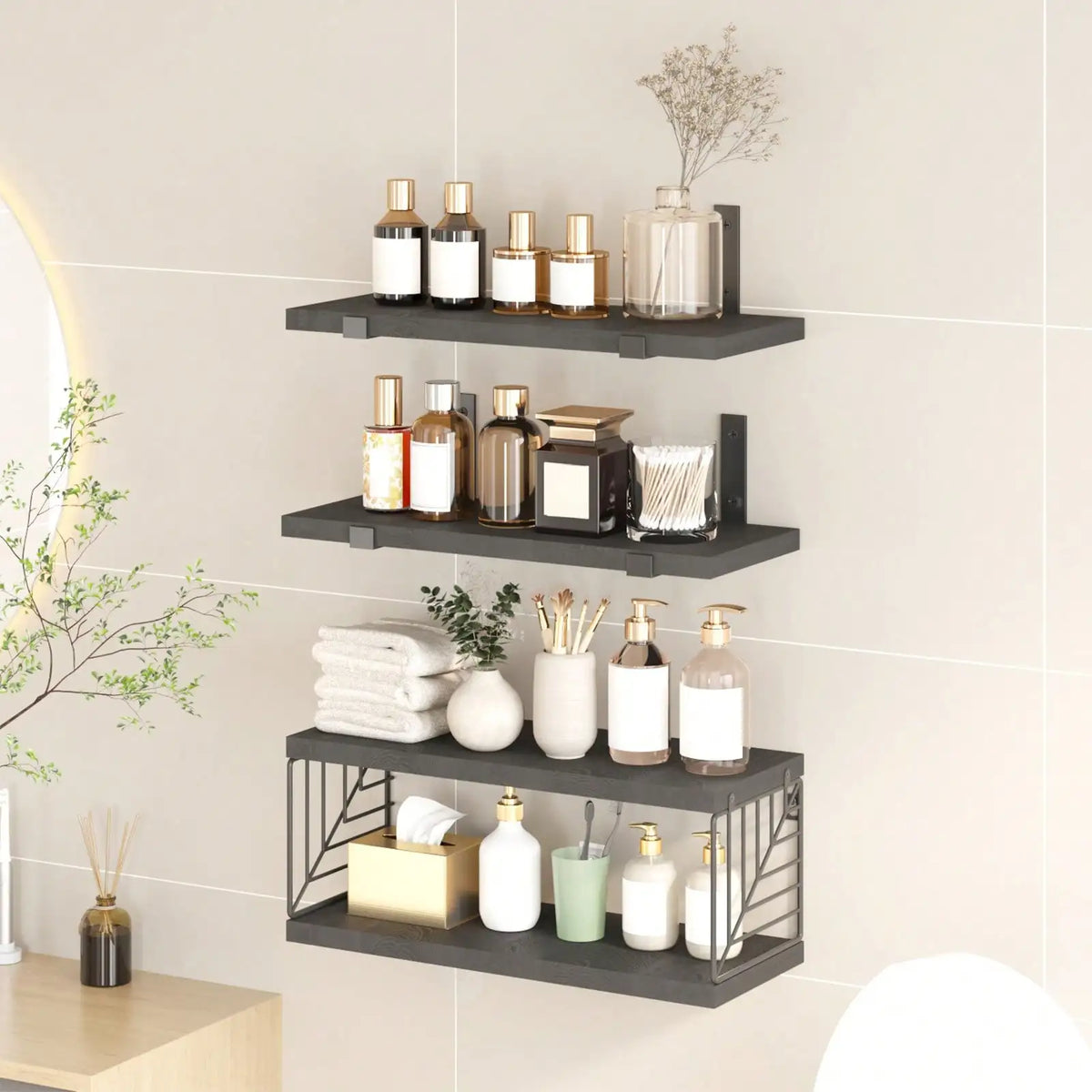 Rustic Farmhouse Wood Floating Storage Shelves For Bathroom