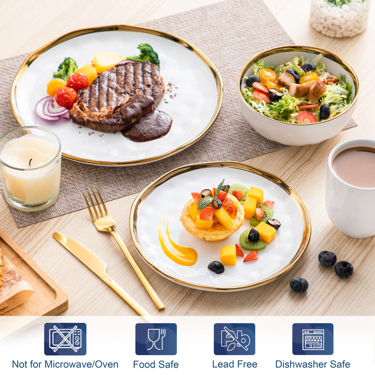 Malacasa Handmade Dinnerware Set With Gold Trim Ceramic Tableware
