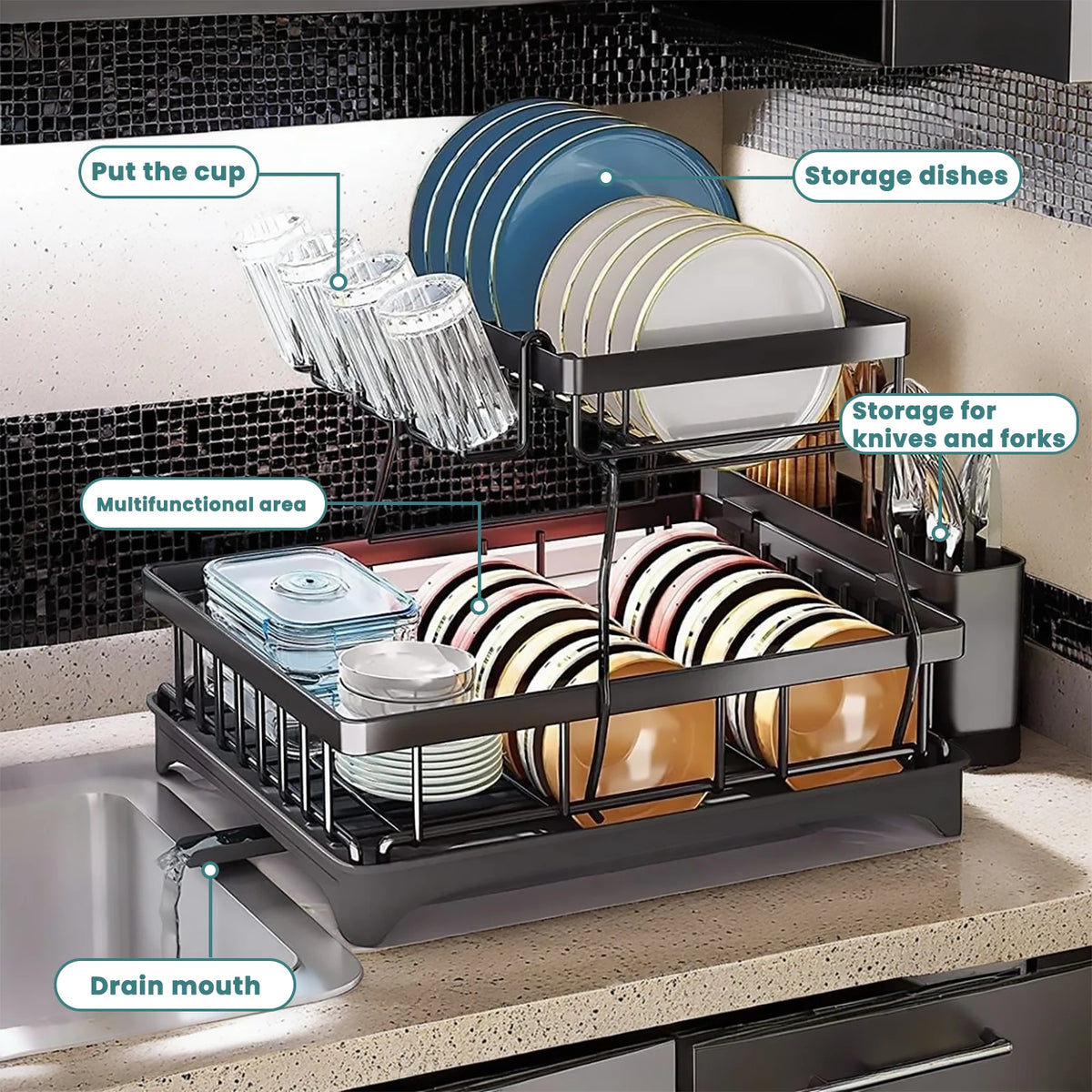 Two Tier Dish Drying Rack For Kitchen Countertops Removable