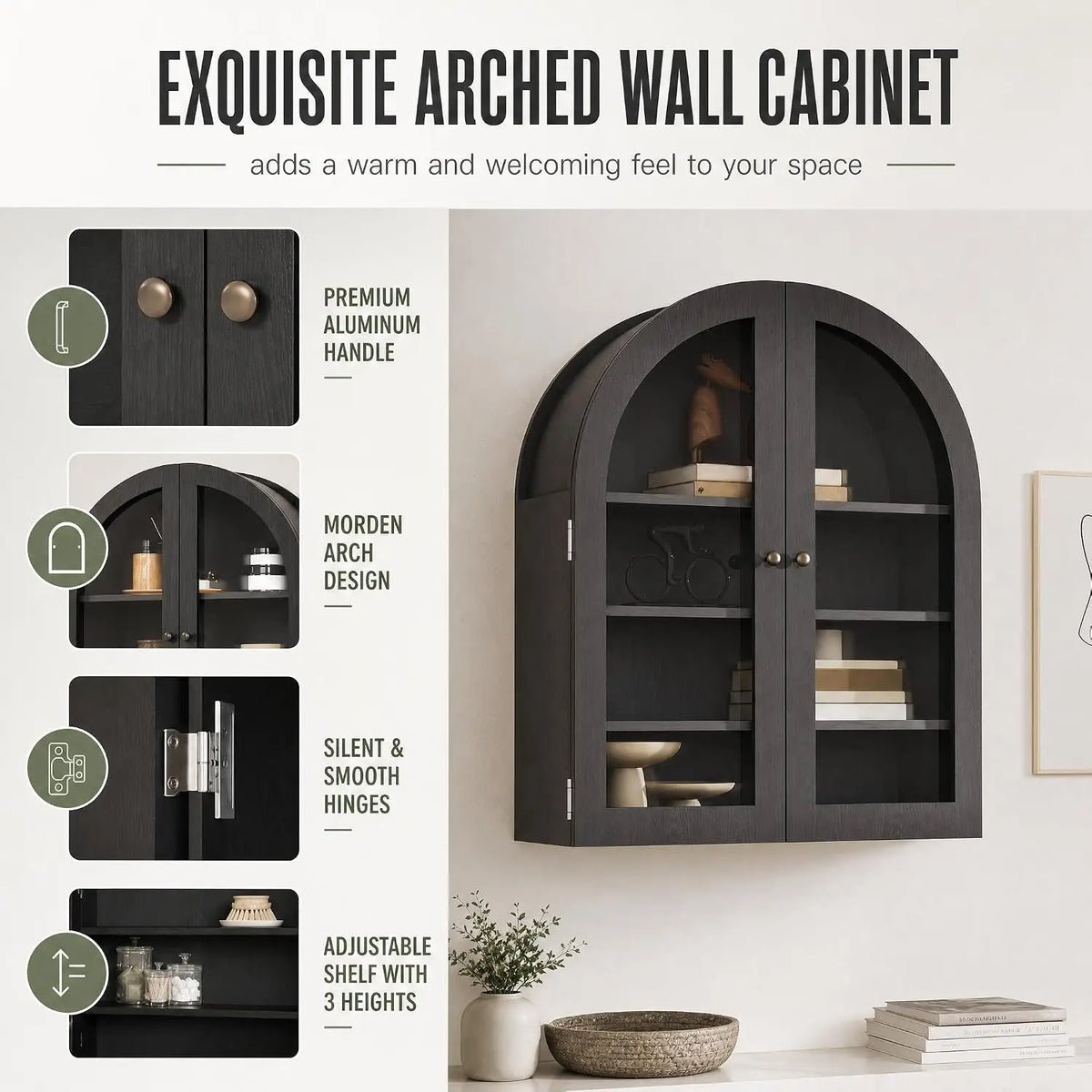 Wood Frame Arched Wall Cabinet With Adjustable Shelves For Bathroom
