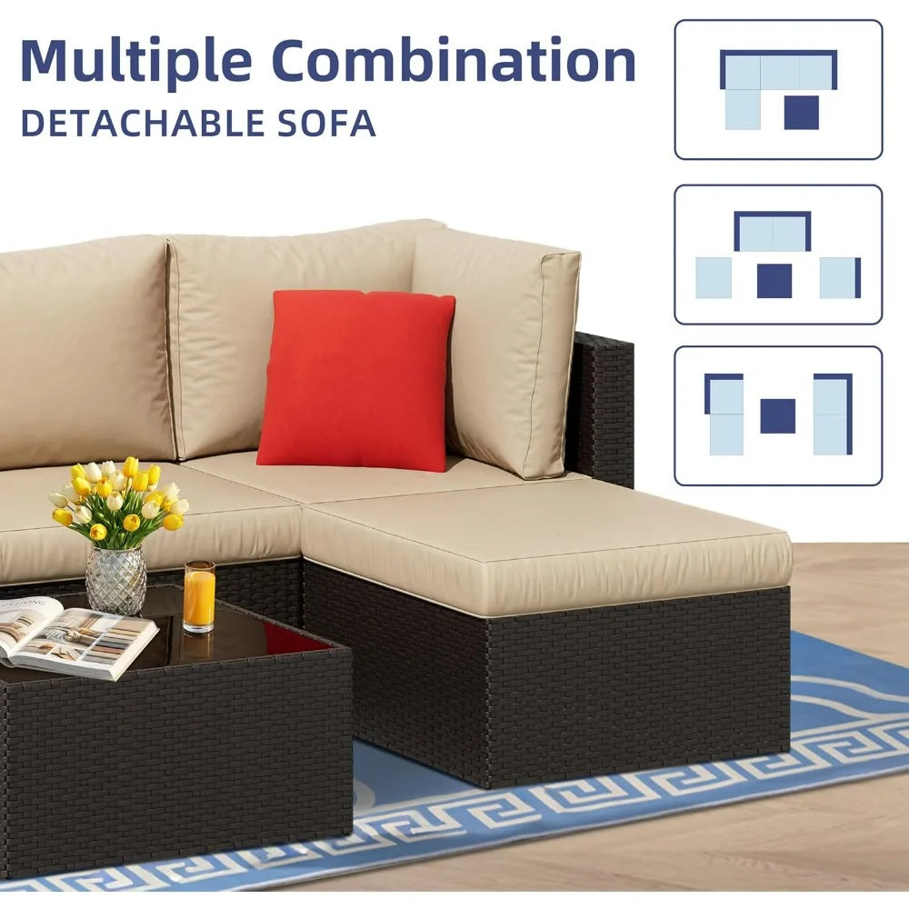Vongrasig All Weather Rattan Patio Sectional Sofa Set Ottoman